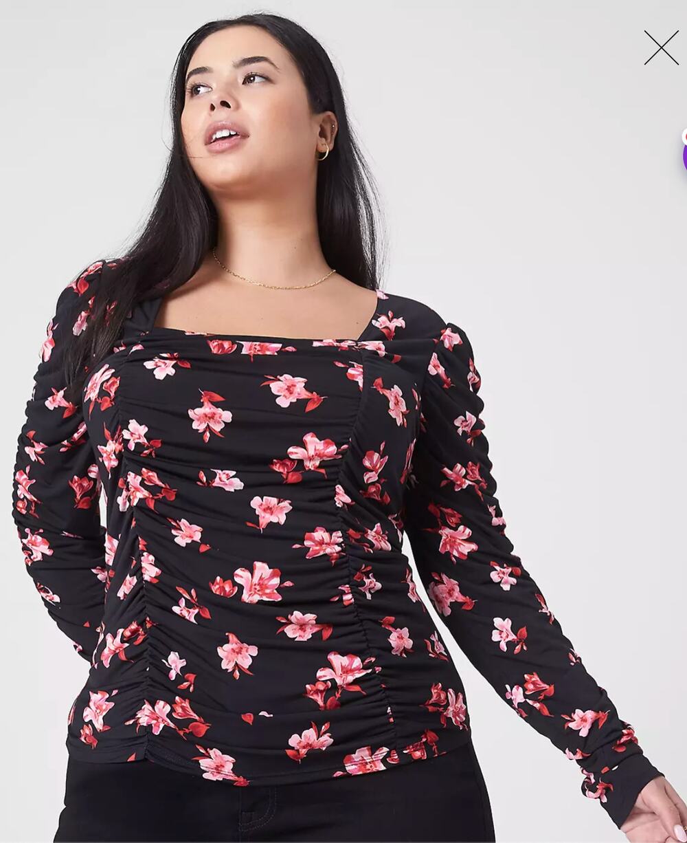 LANE BRYANT NWT Black Floral Fitted Square Neck Ruched Blouse // 22/24